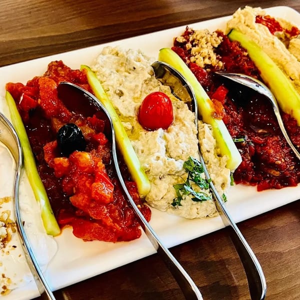A white rectangular plate of Mediterranean appetizers, including red pepper spread, baba ghanoush, and hummus.